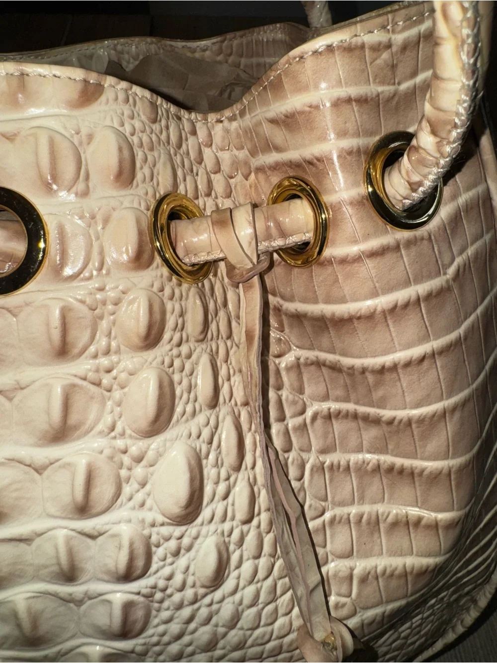Brahmin Large Duxbury Drawstring Bucket Bag in Parchment Melbourne croc embossed